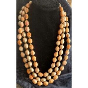 Vtg  60s Triple  Strand Beaded Necklace Peach Salmon 24" Hong Kong